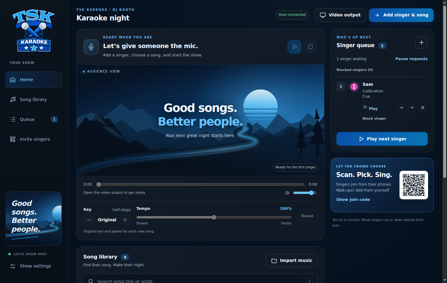 TSK Karaoke DJ software with singer queue, video preview, song library and key and tempo controls