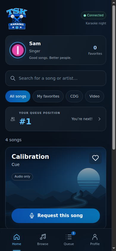 Singer request page on a phone with profile, song search, queue position and request button